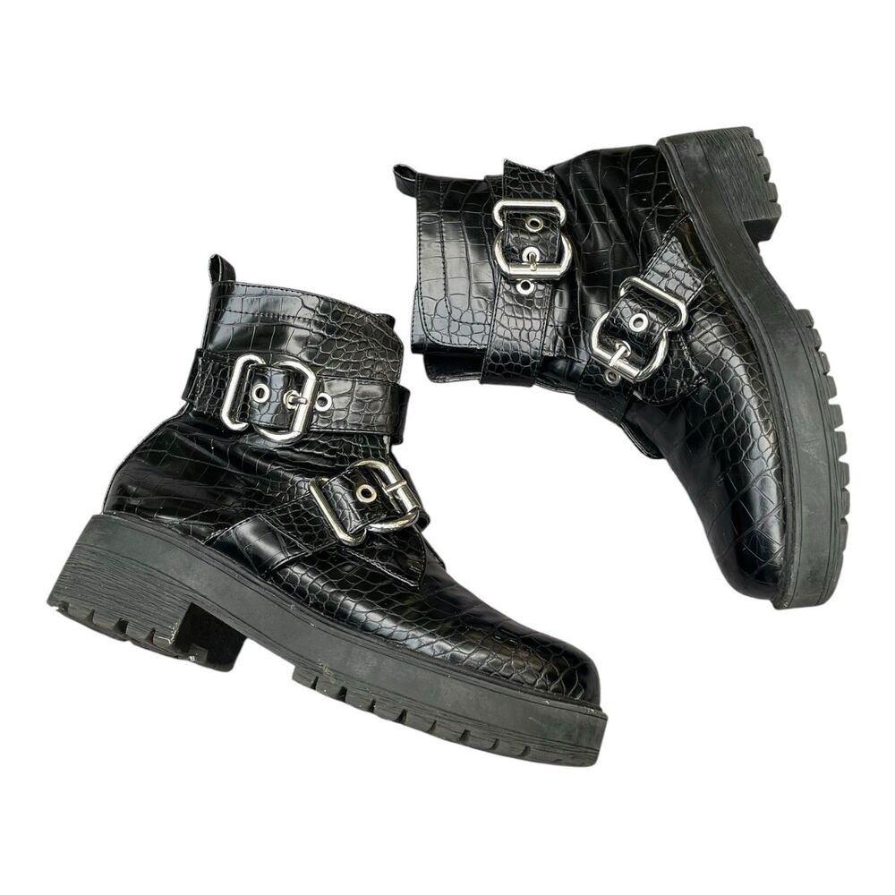 Chunky Moto Goth Punk Rock Aldo Black Patent Mock Croc Combat Boots Size 8.5 - Picture 4 of 16